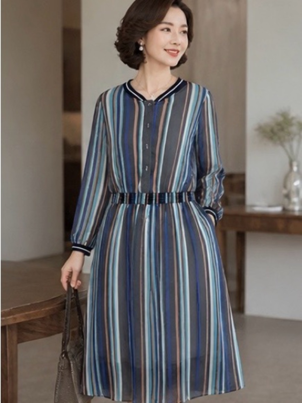 Striped Blue Multi-Color Long Sleeve Dress